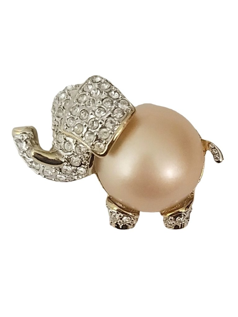 Kjl Silver Tone Clear Rhinestone Pink Faux Pearl Belly Elephant Pin, Signed
